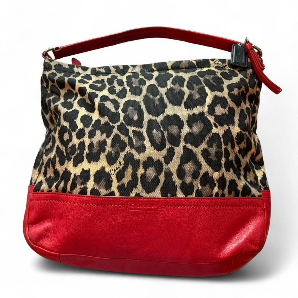 Coach Leopard Print Hobo Shoulder Bag Red Leather Trim